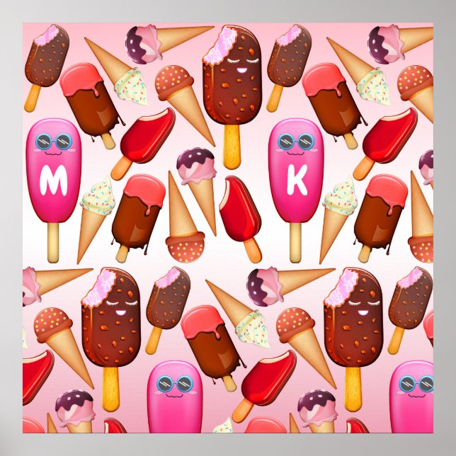Cute Ice Cream Cone Popsicle Monogram Sweets Poster (Framsidan)
