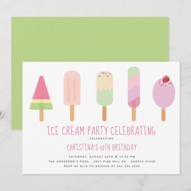 Cute Ice Cream Party Birthday-inbjudan Inbjudningar (Fram/baksida)
