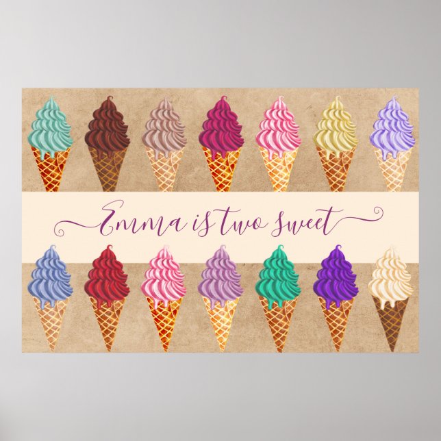 Cute Ice Cream Party Flicka 2 år efter födelsedag Poster (Framsidan)