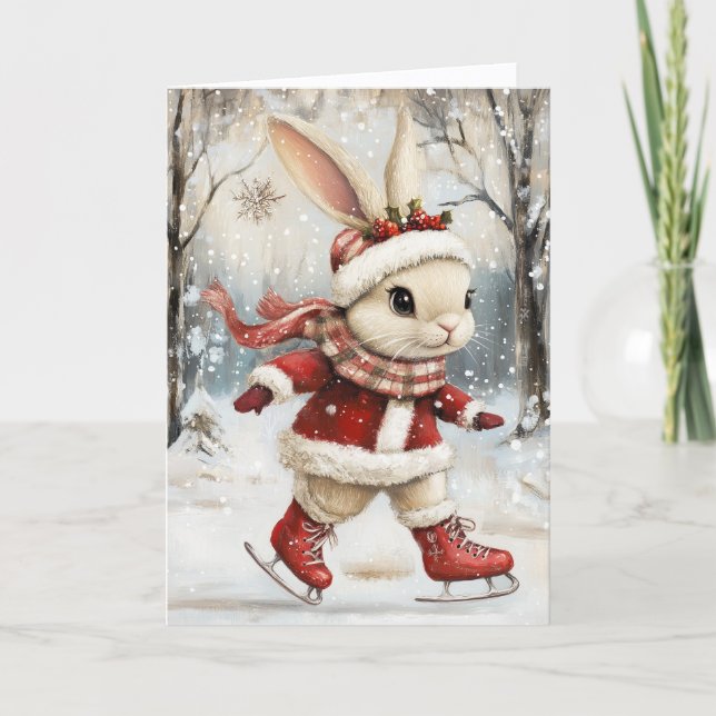 Cute Ice Skating Baby Bunny Christmas Helgkort (Framsida)