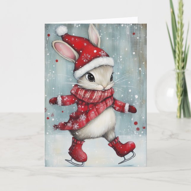 Cute Ice Skating Bunny Christmas Helgkort (Framsida)