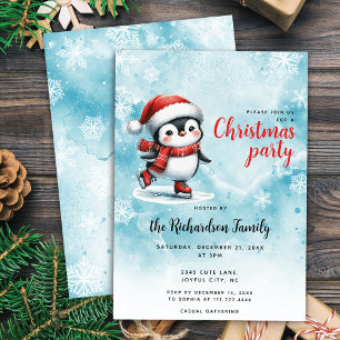 Cute Ice Skating Penguin Festive Blue jul Inbjudningar