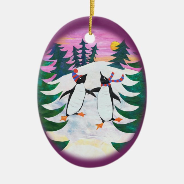 Cute Ice-Skating Penguins Roligt Ornament (Framsidan)