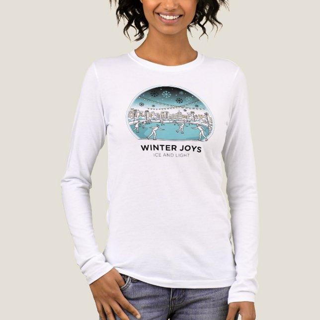Cute Ice Skating Winter Village Scene Snowy Lights T Shirt (Framsida)