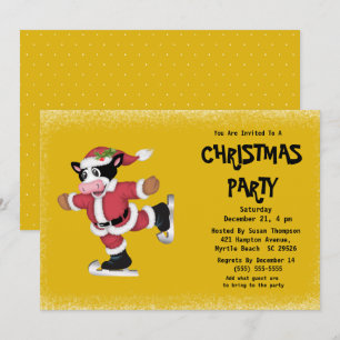 Cute Ice Sking Cow Guld jul Party Inbjudningar