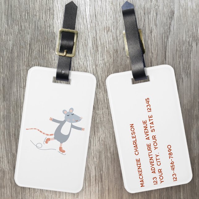 Cute Ice Sking Mouse Bagagebricka (Fun ice skating winter sports mouse personalized luggage tag for snowy icy destinations!)