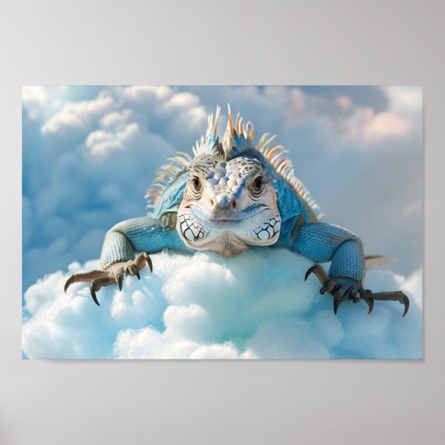 Cute Iguana Porträtt på fluffymolnet med Blå himme Poster (Framsidan)