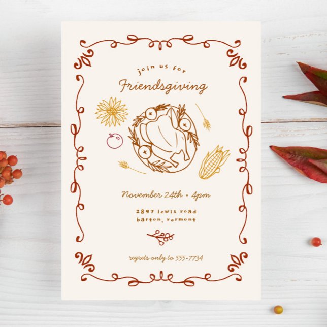 Cute Illustrated Avslappnad Thanksgiving Friendsgi Inbjudningar (Skapare uppladdad)