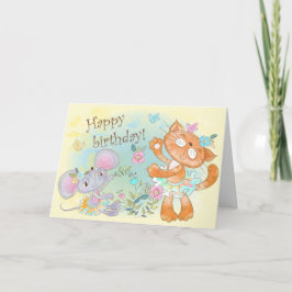 Cute Illustrated Cat and Mouse Grattis på födelsed Kort
