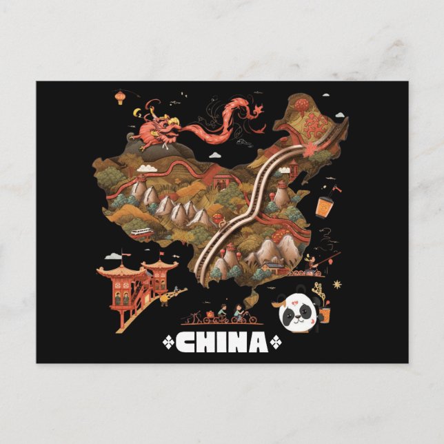 Cute Illustrated China Map with Dragon and Panda Vykort (Framsida)
