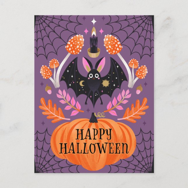 Cute Illustrated Fladdermus Happy halloween Helg Vykort (Framsida)