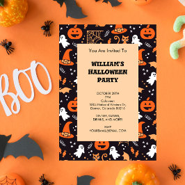 Cute Illustrated halloween-tecken på svart bg Inbjudningar