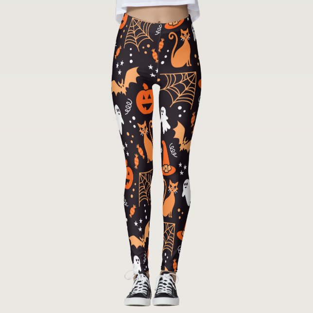 Cute Illustrated halloween-tecken på svart bg Leggings (Framsida)