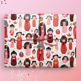 Cute Illustrated Japansk Kokeshi Presentpapper