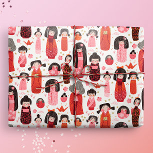 Cute Illustrated Japansk Kokeshi Presentpapper