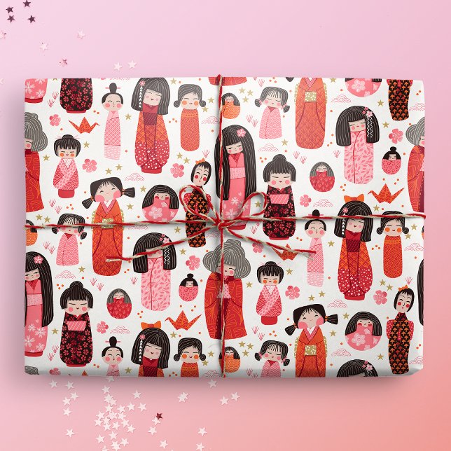 Cute Illustrated Japansk Kokeshi Presentpapper (Kokeshi gift mockup)