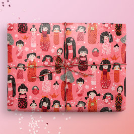 Cute Illustrated Japansk Kokeshi-Rosa Presentpapper