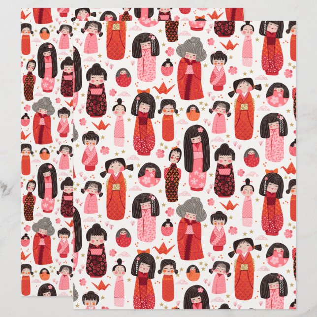 Cute Illustrated Japansk Kokeshi-skrapbok Papper (Fram/baksida)