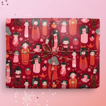 Cute Illustrated Japanska Kokeshi Red