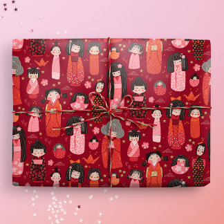 Cute Illustrated Japanska Kokeshi Red Presentpapper