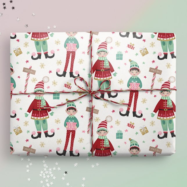 Cute Illustrated-julhelgen Presentpapper (Christmas Elf wrapping paper mockup)