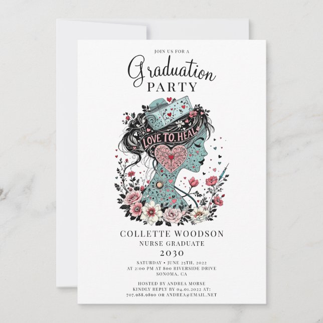 Cute Illustrated Nurse Blommigt Studenten Inbjudningar (Framsida)