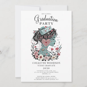 Cute Illustrated Nurse Blommigt Studenten Inbjudningar