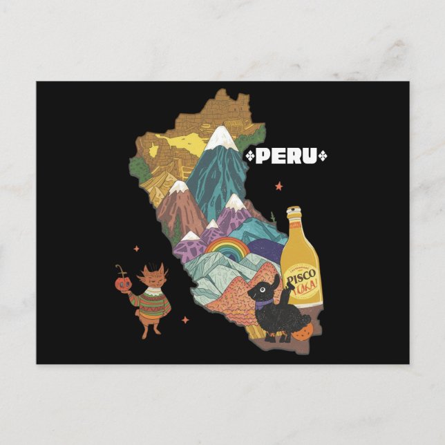 Cute Illustrated Per Map Machu Picchu and Alpaca Vykort (Framsida)