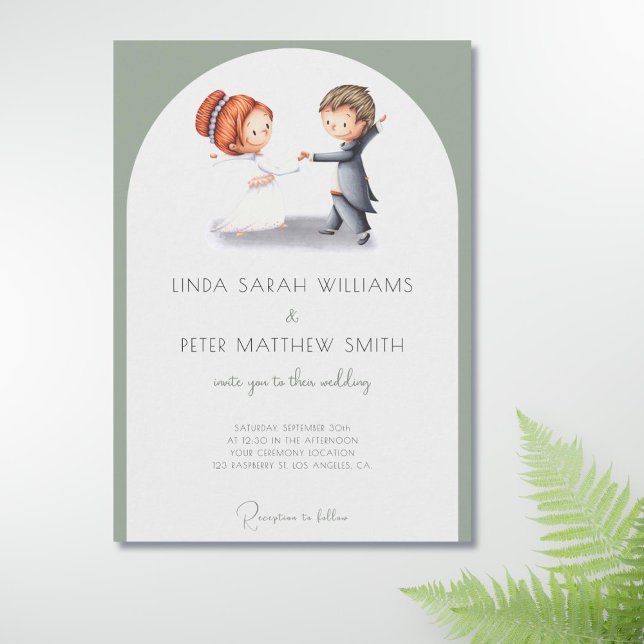 Cute Illustrated Sage Grönt Arch Bröllop Inbjudningar (Cute sage green wedding invitation with a bride and groom illustration)