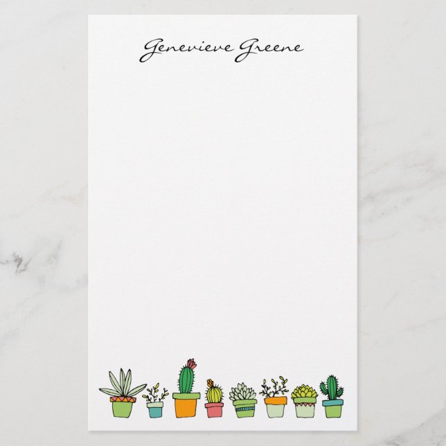 Cute Illustrated Succulated Monogram Stationery Brevpapper (Framsida)