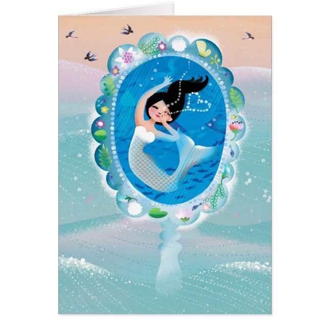 Cute illustration av sjöjungfruarnas dag på strand hälsningskort (Framsidan)