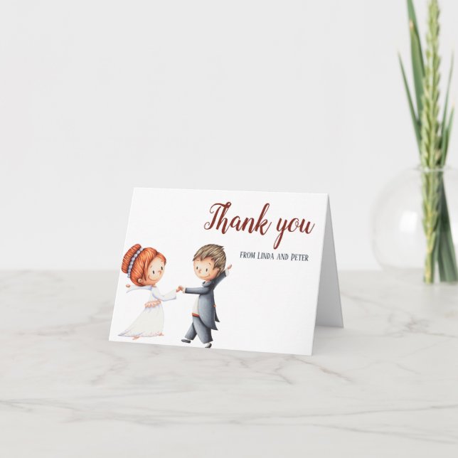 Cute Illustration Bride and Groom Dancing Bröllop Tack Kort (Framsida)