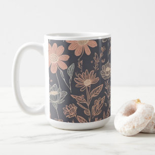 Cute illustration grafisk linje ritad blommor kaffemugg