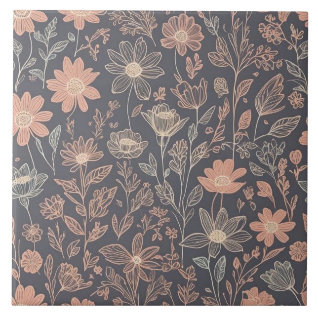 Cute illustration grafisk linje ritad blommor kakelplatta (Framsidan)