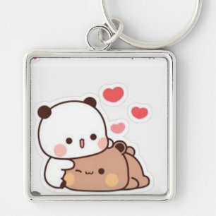 Cute Illustration of Bubu & Dudu with Hear Fyrkantig Silverfärgad Nyckelring