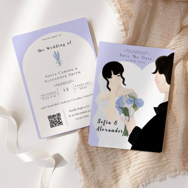 Cute Illustration with QR Code OSA Bröllop Inbjudningar (wedding card)