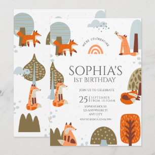 Cute illustrerade Fox Forest Animal första födelse Inbjudningar