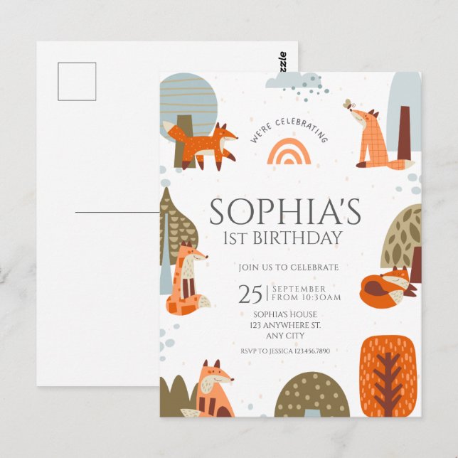 Cute illustrerade Fox Forest Animal första födelse Vykort (Fram/baksida)