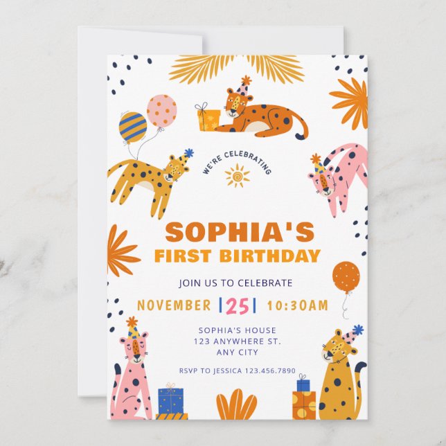 Cute illustrerade vilda djur första födelsedag inbjudningar (Framsida)