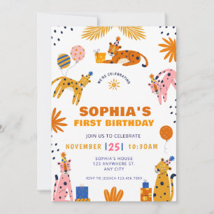 Cute illustrerade vilda djur första födelsedag inbjudningar