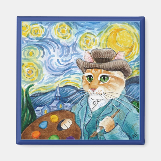 Cute impressionist cat, Van Gogh, Starry Night Magnet (Framsidan)