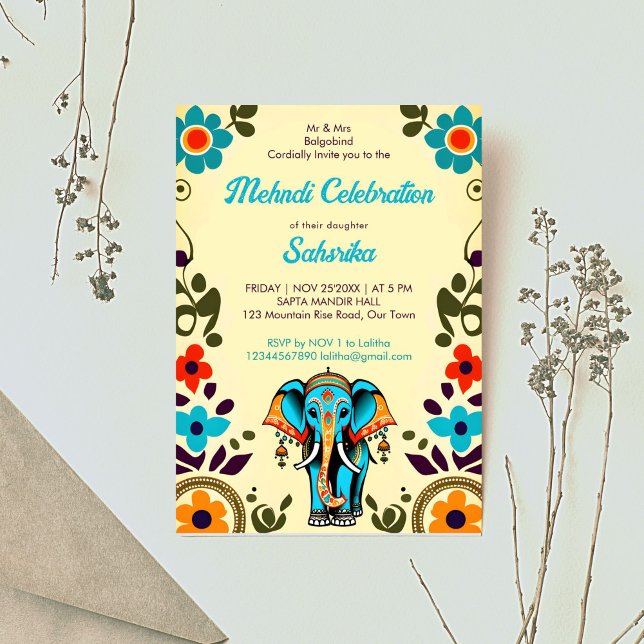 Cute Indian bröllop elephant mehndi template Inbjudningar (Cute Indian wedding cute elephant Mehndi editable template invitation digital download groovy retro)