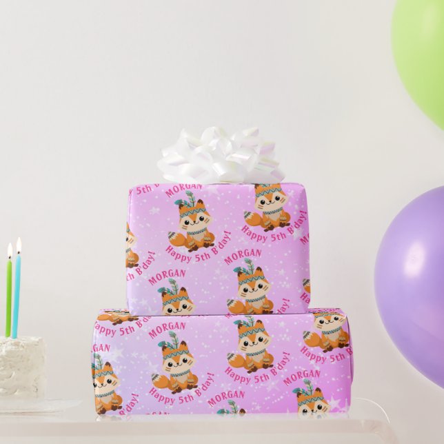Cute Indian Fox, Namn & Birthday, Blek Rosa, stjär Presentpapper (Festgåvor)