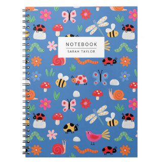 Cute Insects & Nature Pattern in Blue Anteckningsbok