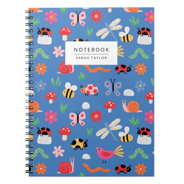 Cute Insects & Nature Pattern in Blue Anteckningsbok (Framsidan)