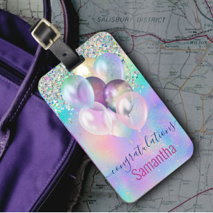 Cute iridescent blue glitter-ballonger monogram bagagebricka