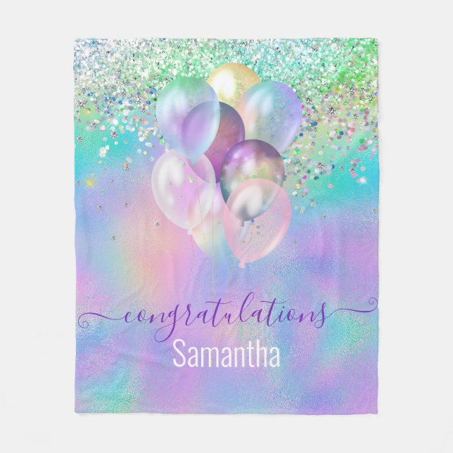 Cute iridescent blue glitter-ballonger monogram fleecefilt (Framsidan)