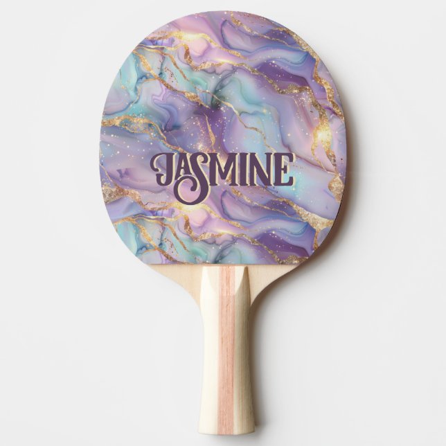 Cute Iridescent Blue Lila Guld Marble Monogram Pingisracket (Framsidan)