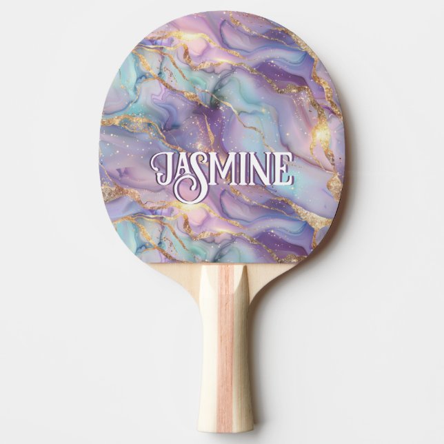Cute Iridescent Blue Lila Guld Marble Monogram Pingisracket (Framsidan)