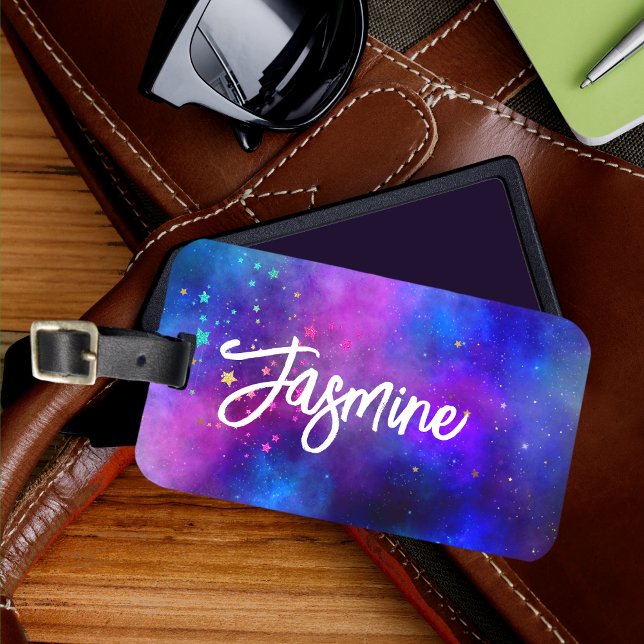 Cute iridescent blue space galaxy monogram bagagebricka (Skapare uppladdad)